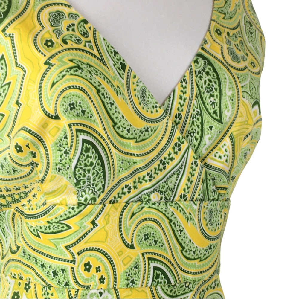 Spense Paisley Yellow and Green Cotton Surplice V-Neck Sleeveless Midi Dress 12 - Picture 7 of 16
